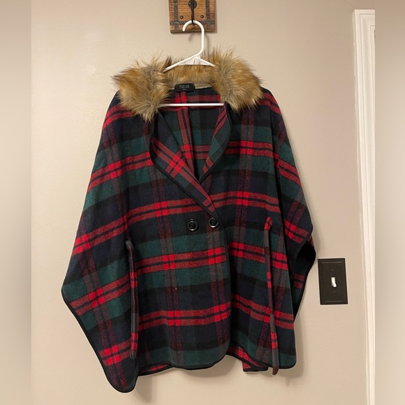 Peach Love Plaid Cape Poncho Faux Fur size Large - Picture 4 of 6
